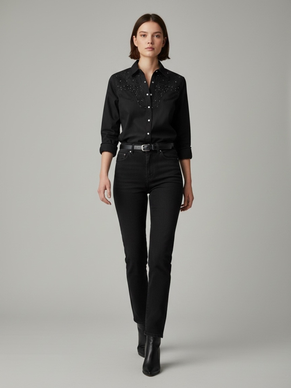 Lafei Nier Black Western Shirt Beaded Embroidered Button Up Long Sleeve Large